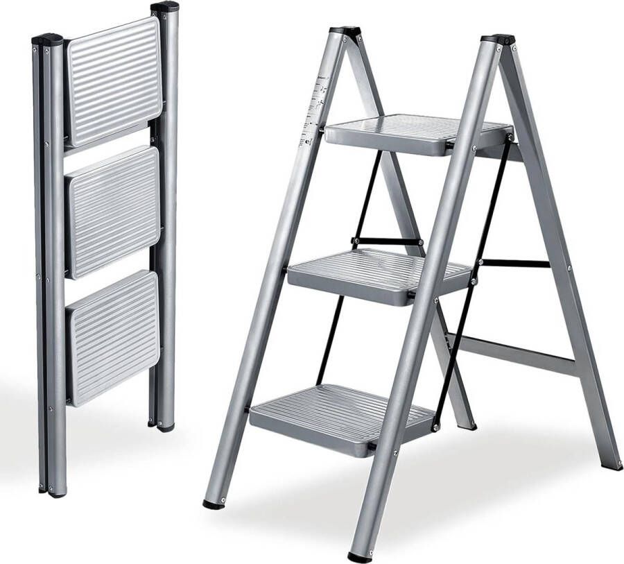 Huishoudtrap inklapbare ladder met 3 treden anti-slip draagbaar tot 150 kg zilvergrijs Huishoudtrap-Opstapkruk met Brede Treden