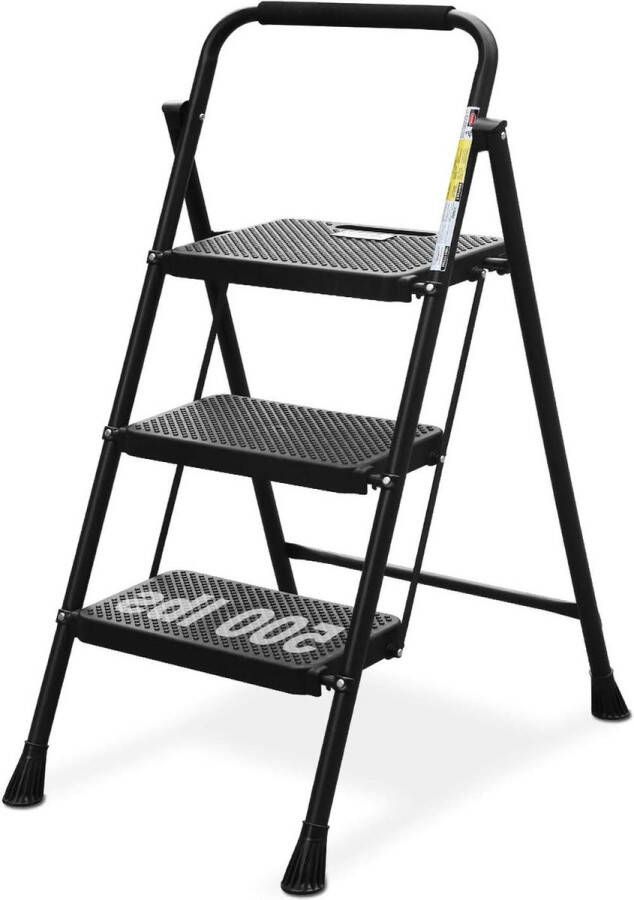 Huishoudtrap Opvouwbare 3-traps Ladder Antislip Pedalen Stabiel tot 228 kg Comfortabele Handgreep Lichtgewicht Draagbaar Zwart