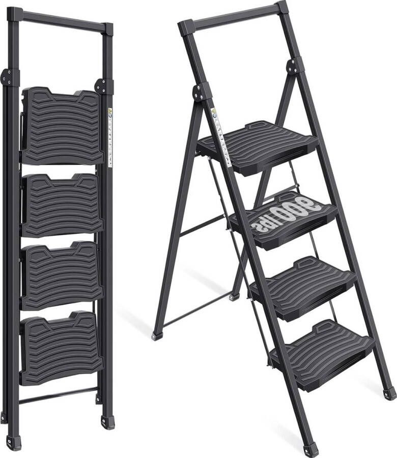 Huishoudtrap Vouwbare 4-Stappen Trapladder met Anti-Slip Breed Pedaal en Leuningen Lichtgewicht Huishoudelijke Ladder Keuken Bijkeuken Kasten 900 kg Test