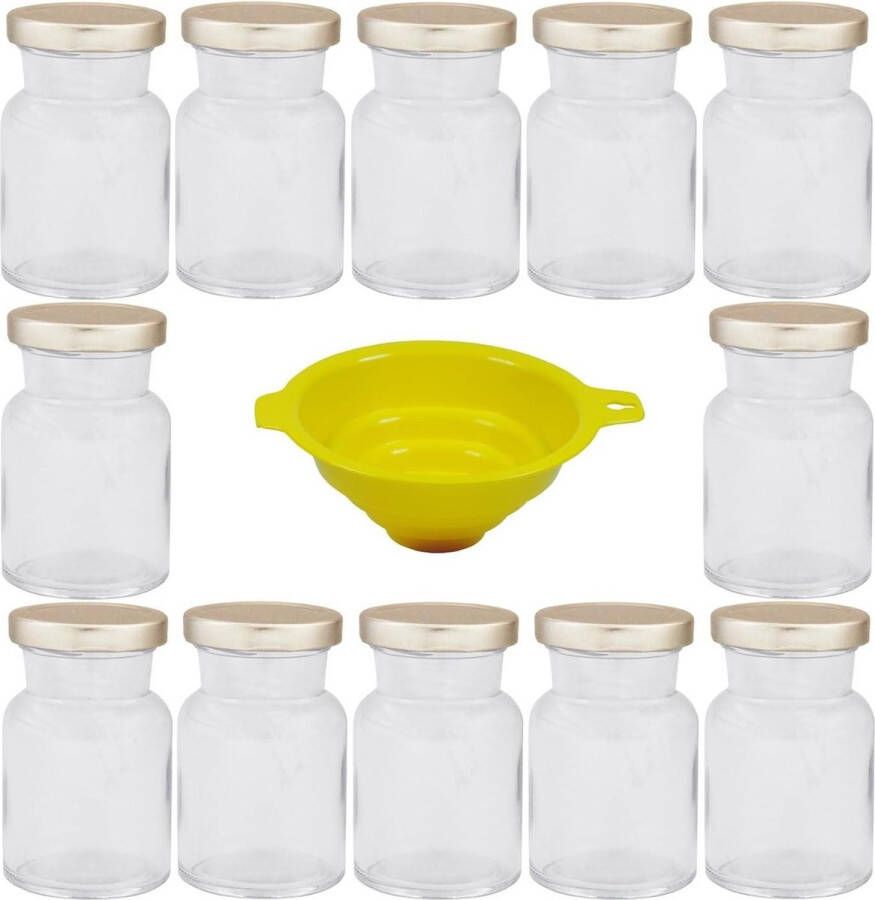 Huishoudwaren kruidenpotjes inmaakpotjes 150 ml met zilverkleurige sluiting ronde twist off glazen jampotten vultrechter jampotjes met deksel