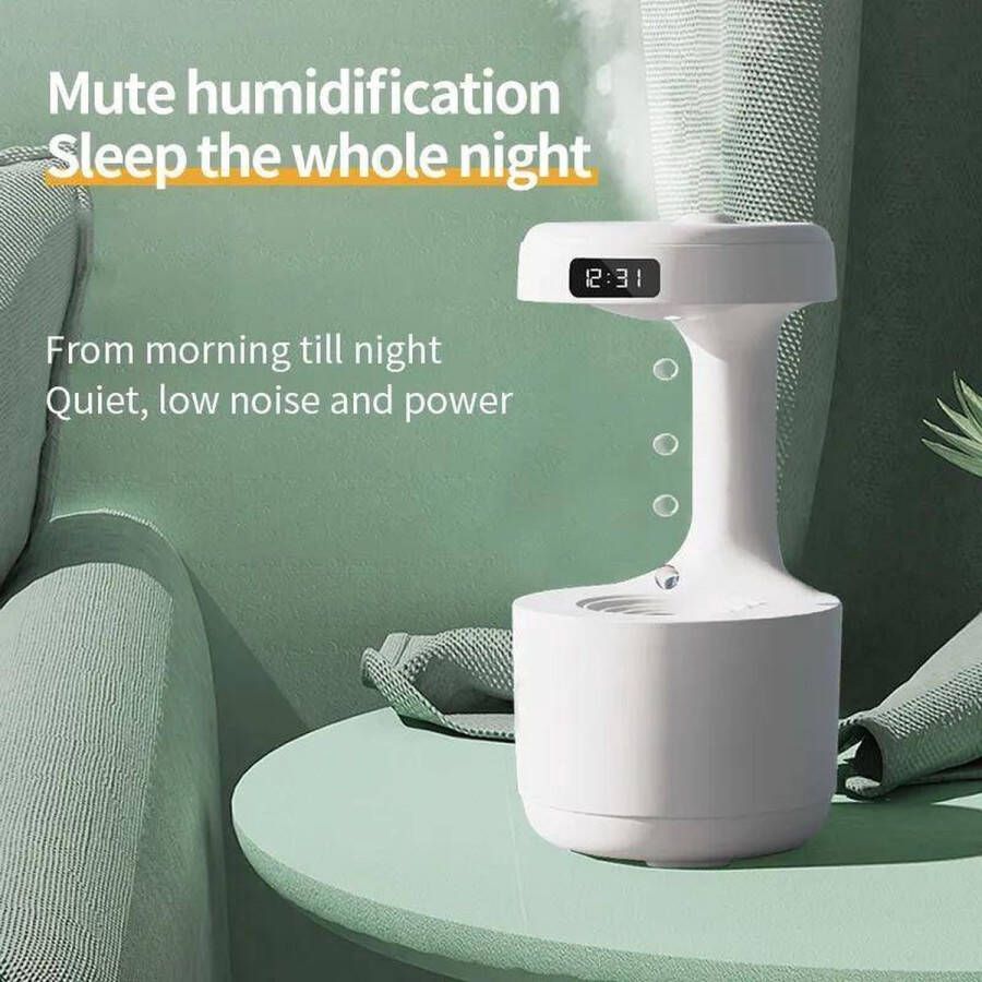 Humidifier Luchtbevochtiger Waterdruppel Gravity Zwaartekracht Luchtbevochtiger met Ultrasone Technologie Smart Timer functie Vernevelaar Aroma Diffuser 800 ML Digitale clock LED licht Touchscreen Wit
