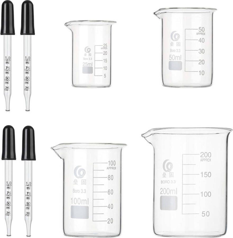 Hyber&Cara Glas Beker Set 4 Pack Graduated Lage Vorm Meten Bekers 25ml 50ml 100ml 200ml met 4 Stks 1ml Glas Pipet