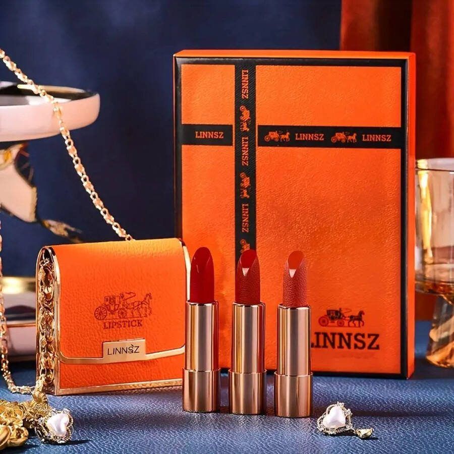 Hydraterende Matte Lippenstift set Inclusief Tas Lippenstift Houder Luxe lippenstift Voor Feestdagen en Speciale Gelegenheden Lang houdende Intense Kleuren Voor Zijdezachte Lippen Perfect Geschenkpakket om te geven 3 lippenstiften per set