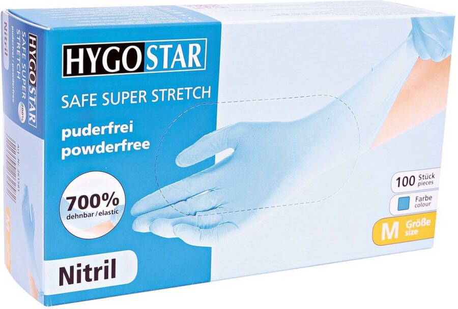 Hygostar nitril handschoenen Safe Super Stretch extreem elastisch blauw poedervrij maat M 100 stuks hygiëne handschoen