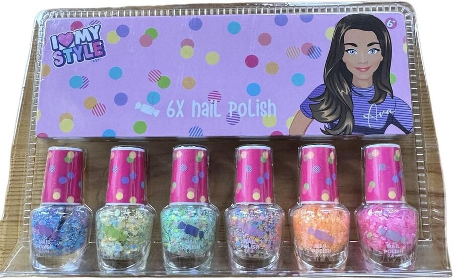 I Love My Style kindernagellak set van 6 glitter multicolor nagellak voor kinderen make up