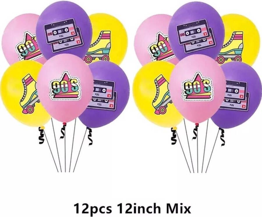 I Love The 90's Ballonnen Knoopballonnen 12 stuks Jaren 90 Nineties Party Retro Opdruk Rolschaatsen Cassettebandje 90's 3 Kleuren Themafeest Versiering Decoratie Verjaardag Birthday Back to the 90's Foute Party