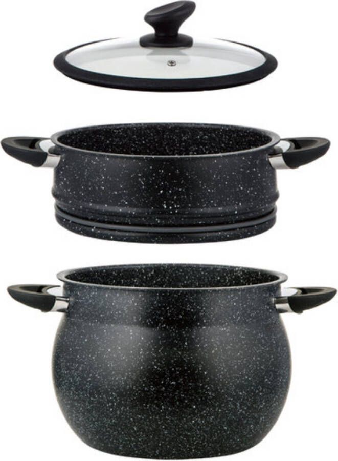 IBBO Shop Couscous Pan Stoompan 11 Liter Ø26cm Rijst en Groentestomer Multisteamer Voor Alle Warmtebronnen Couscoussier Aluminium Met Glazen Deksel Zwart