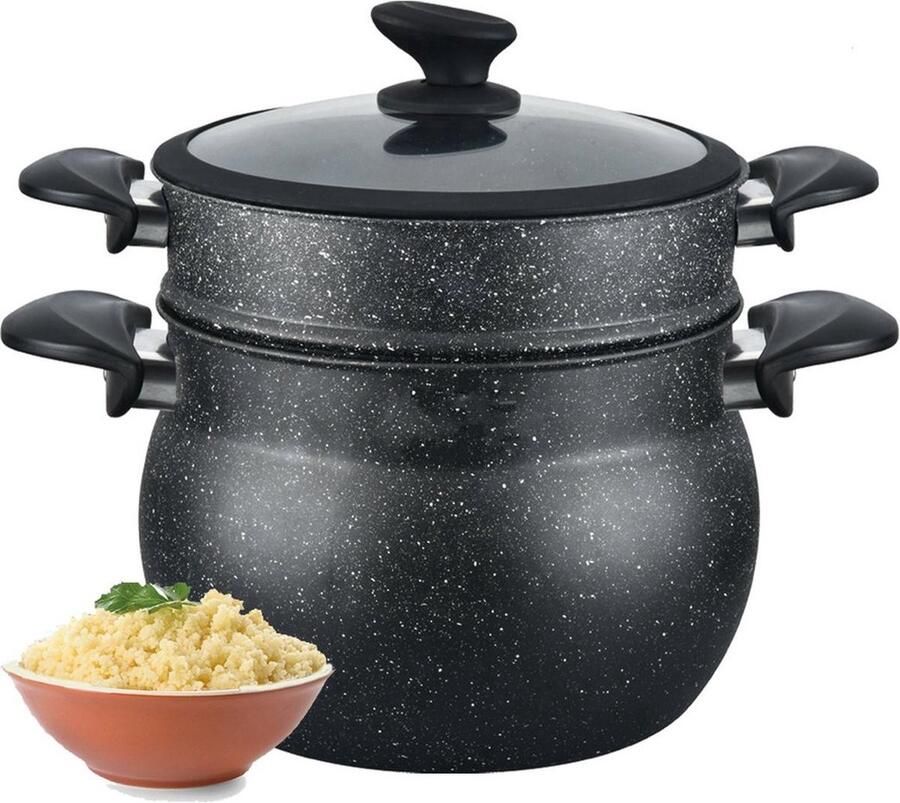 IBBO Shop Couscous Pan Stoompan 9 Liter Ø24cm Rijst en Groentestomer Multisteamer Voor Alle Warmtebronnen Couscoussier Aluminium Met Glazen Deksel Zwart