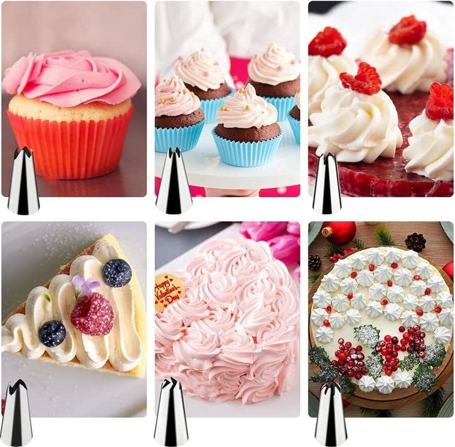 Icing Piping Siliconen spuitzak en 6 x roestvrijstalen spuitmonden doe-het-zelf taartdecoratie gereedschap (6 sproeiers + 1 oranje zak)
