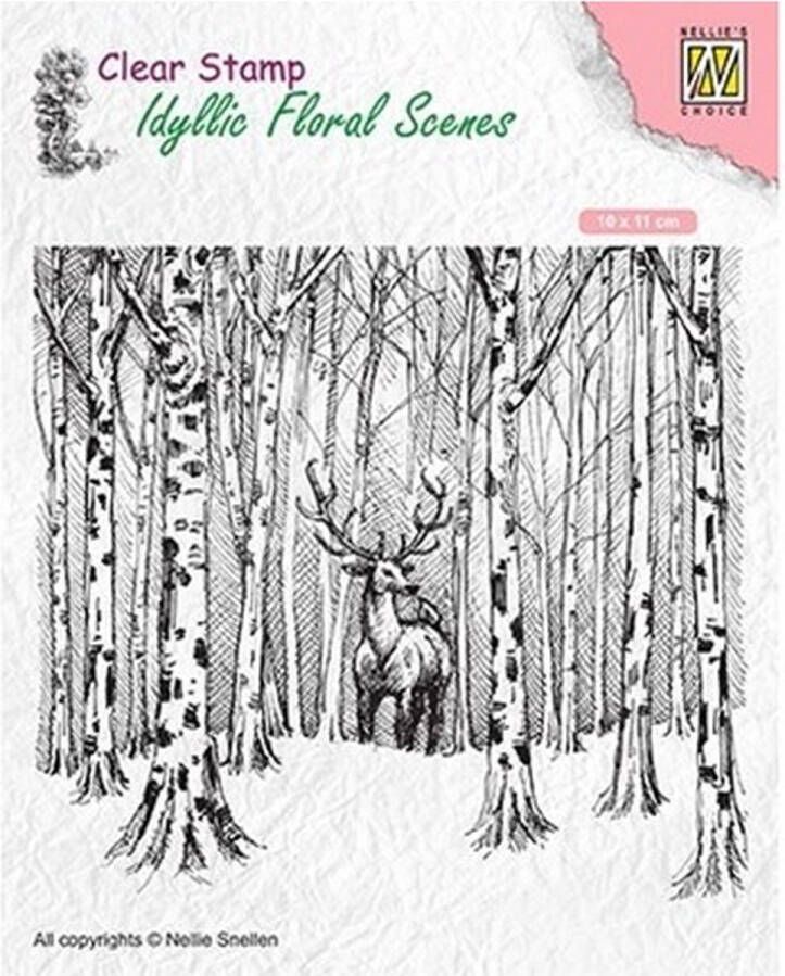 IFS017 Idillic floral scenes stempel Nellie Snellen Deer in Forest rendier in bos achtergrond clearstamp