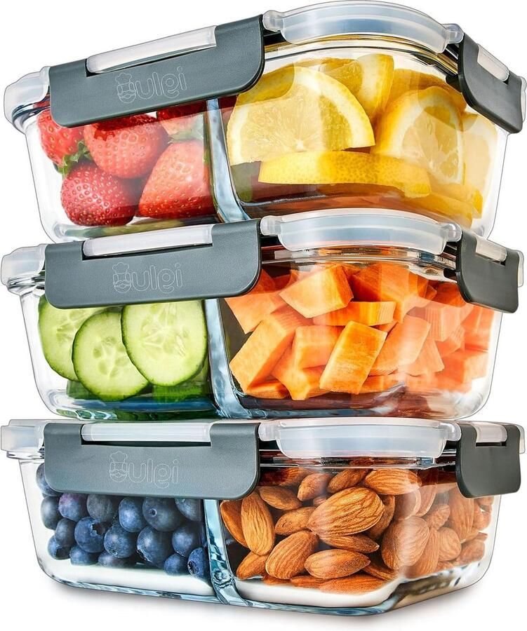 Igluu Meal Prep Containers met 2 Compartimenten en Luchtdichte Kliksluiting Portie Controle Voedsel Vershoudbak BPA Vrij Magnetron Vriezer en Vaatwasserbestendig Set van 3 Meal prep bakjes