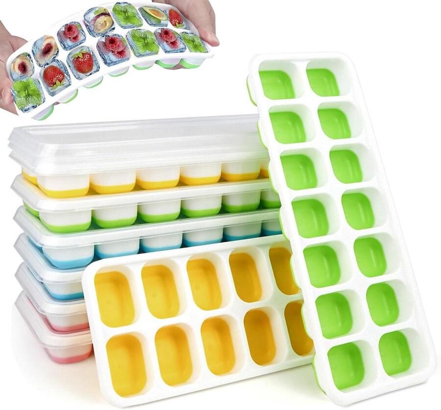 Ijsblokjesbak met deksel 8 stuks Easy Release flexibele siliconen ijsblokjesbakken voor vriezer stapelbare 14-kubusvormige ijsbakken met morsbestendige verwijderbare deksels 4 kleuren Ice mold