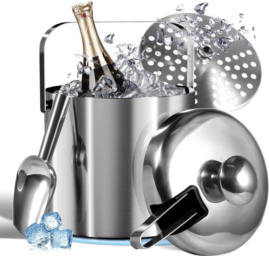 Ijsblokjeshouder 3 liter roestvrij staal ijsemmer met deksel en tang ijsschep afdruipzeef 100% BPA-vrij ijshouder dubbelwandig ijsemmer voor ijsblokjes ideaal voor bier