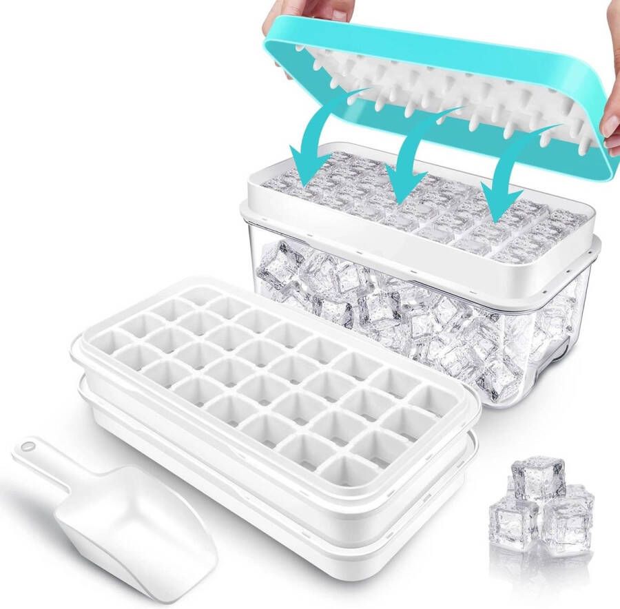 IJsblokjeshouder ijsblokjes deksel container 64 stuks eenvoudig ijs losmaken cocktail whiskey koffie 2 schalen 1 ijsemmer schep blauw