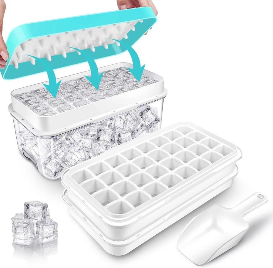 IJsblokjeshouder met deksel en container 64 stuks ijsblokjes eenvoudig drukken om het ijs los te maken cocktail whiskey koffie 2 schalen 1 ijsemmer en schep (blauw)