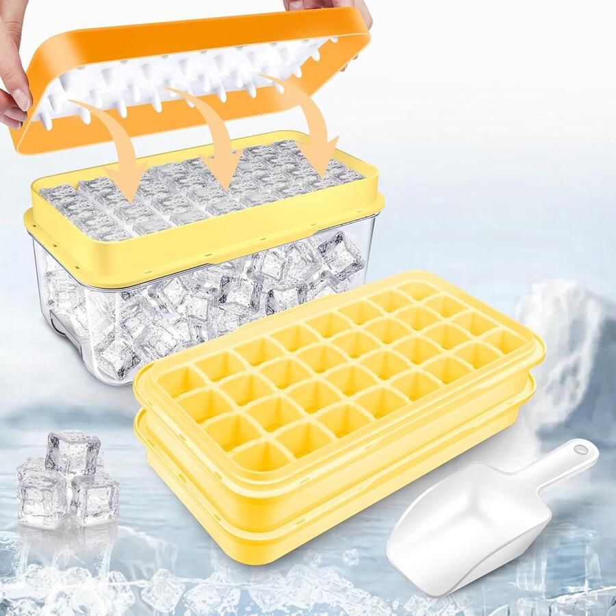 IJsblokjeshouder met deksel en container 64 stuks ijsblokjes eenvoudig drukken om het ijs los te maken cocktail whiskey koffie 2 schalen 1 ijsemmer en schep (geel)