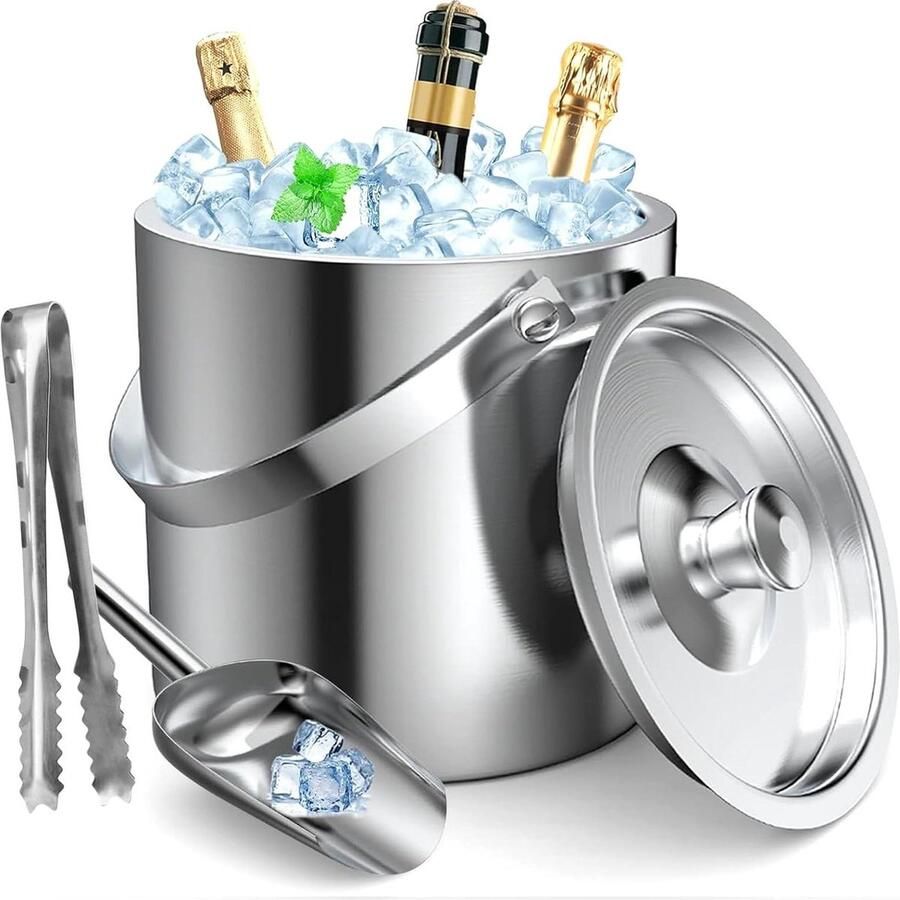IJsblokjeshouder van roestvrij staal 16 liter dubbelwandig design ijsbak ijsblokjes ijsemmer deksel ijsschep tangen draagbare ijskoeler bier koelen Ice Bucket