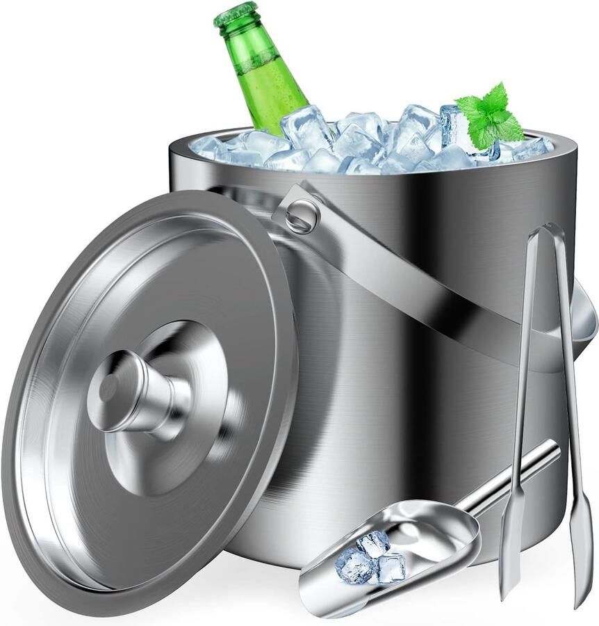 IJsblokjeshouder van roestvrij staal 2 liter met ijstang en schep dubbelwandige geïsoleerde wijnkoeler champagnekoeler roestvrij staal ideaal voor het koelen van bier en champagne wijn