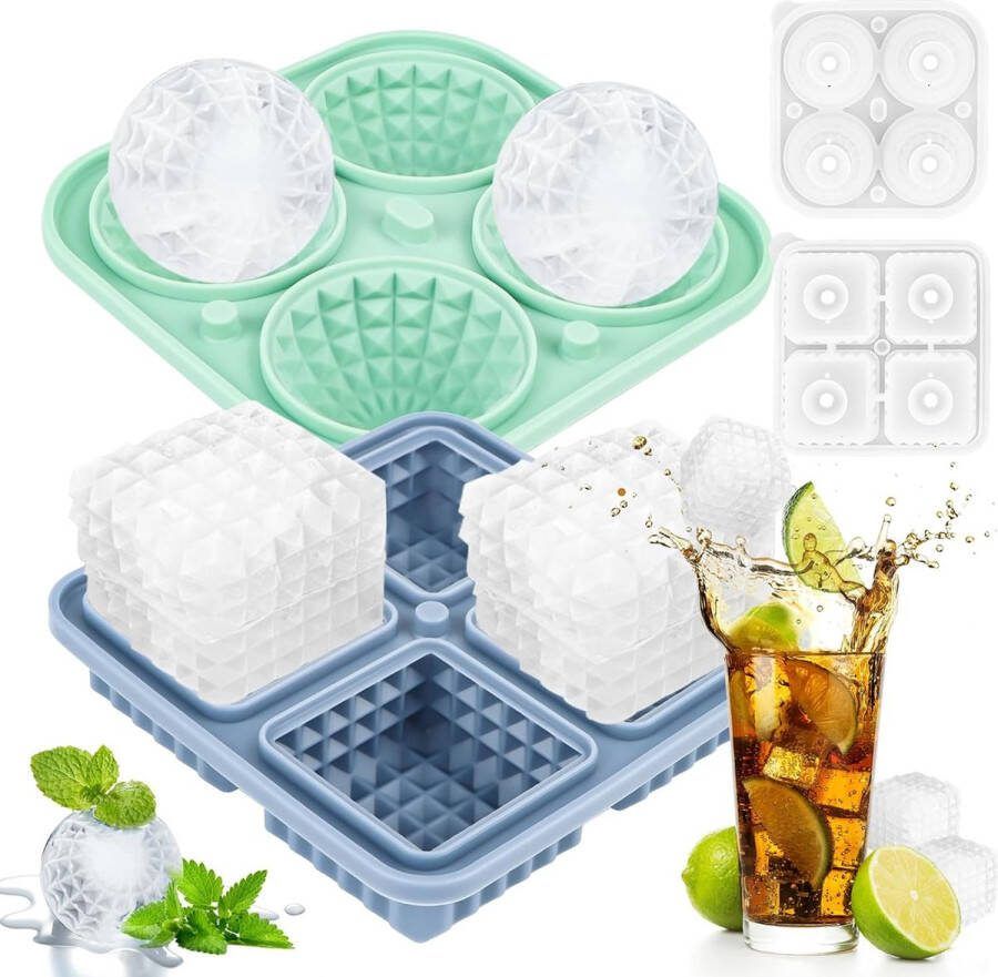 IJsblokjesvorm 2 stuks siliconen ijsblokjeshouderset ijsblokjesvorm siliconen met deksel bol-ijsbal en grote vierkante ijsblokjeshouder voor cocktails whisky wijn fruitpuree ijsthee