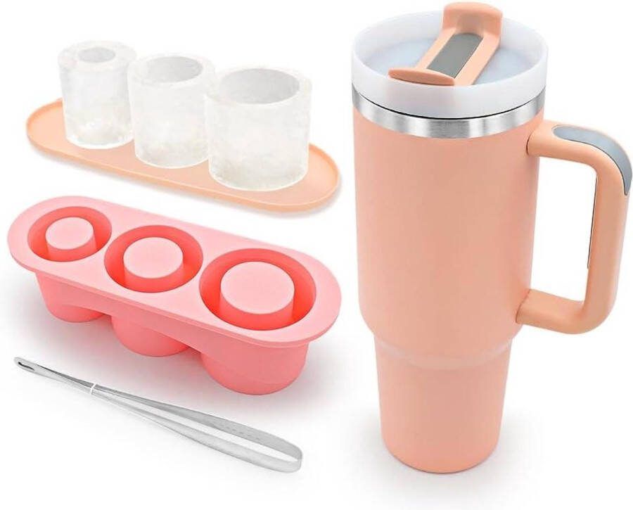 Ijsblokjesvorm met 40 oz beker met handvatset siliconen cilinder ijsvorm roestvrijstalen beker roze