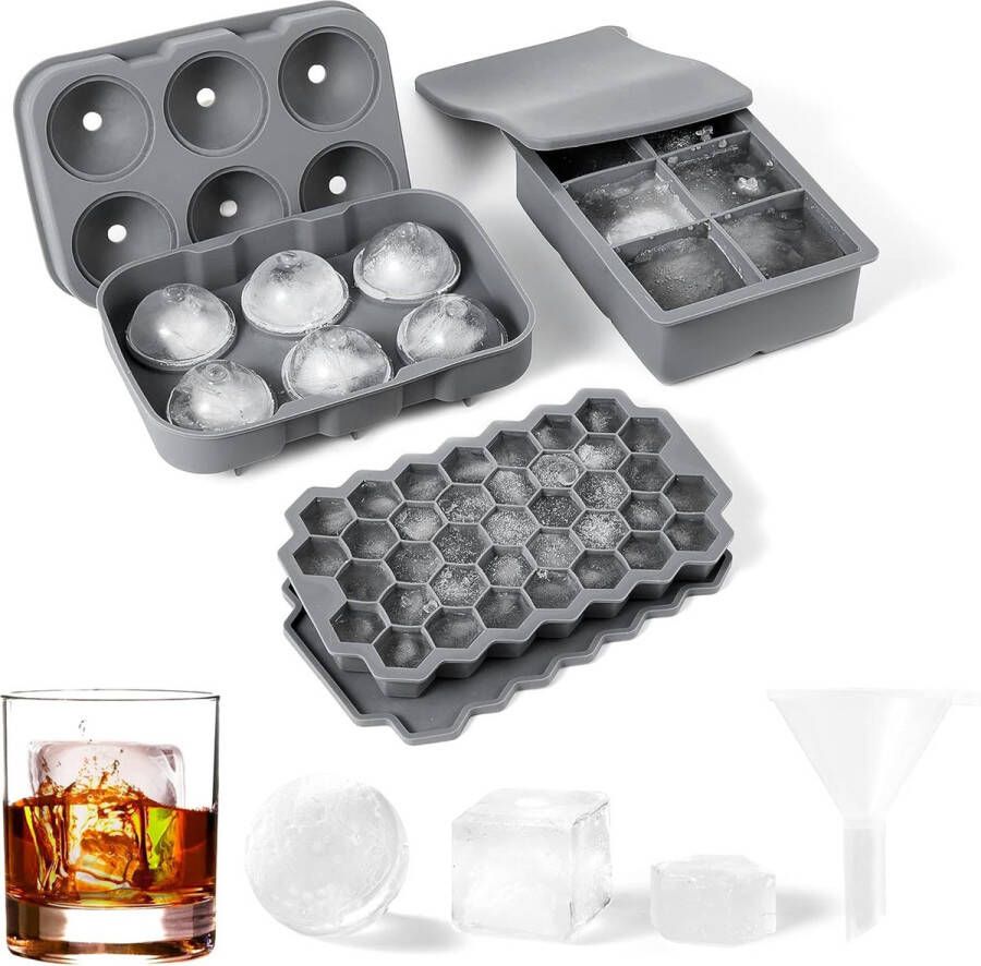 IJsblokjesvorm siliconen combivormen set van 3 voor het bereiden van bolletjes grote blokjes en zeskante blokjes ijs met deksel flexibele ijsblokjesvorm voor whiskey LFGB-gecertificeerd en BPA-vrij
