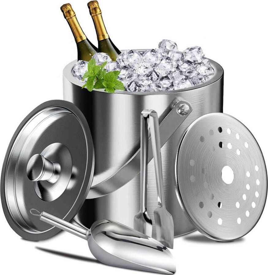 IJsemmer 3 l Roestvrij Staal Geïsoleerd Dubbelwandig Met Deksel IJstang Schep Vergiet Champagne Wijn Dranken Bier Ijsemmer dubbelwandig met deksel