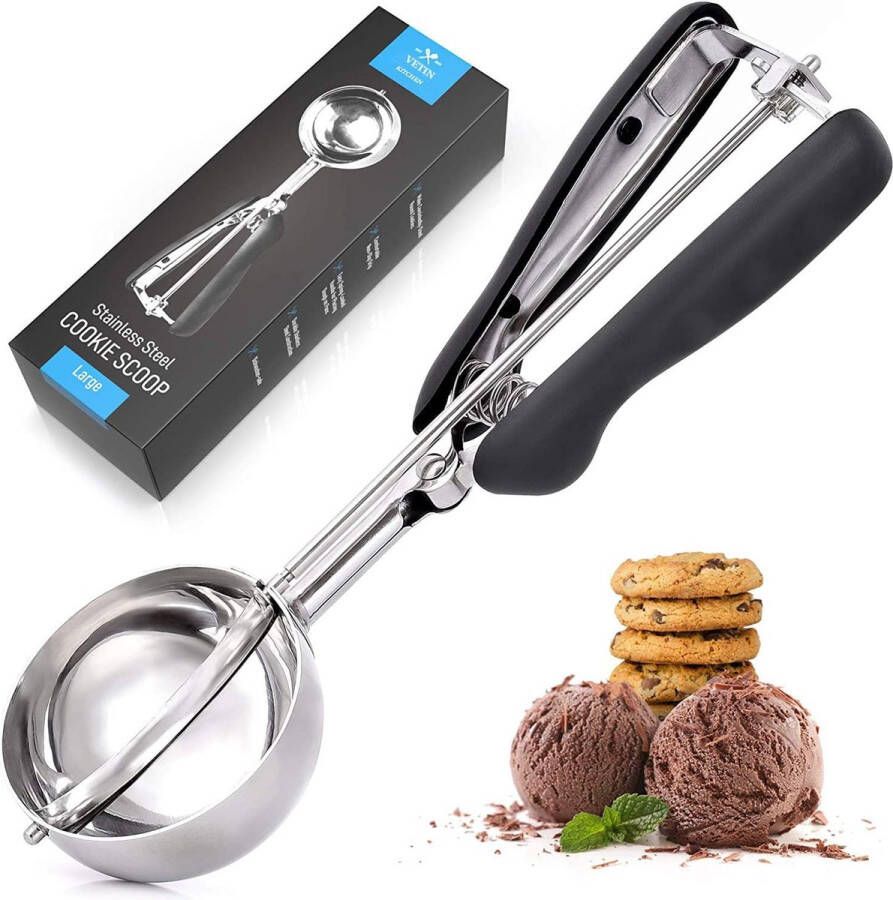 IJslepel met uitwerper roestvrij staal met trigger voor ijs meloenballen koekdeeg cake deeg zwart (medium 4 cm)