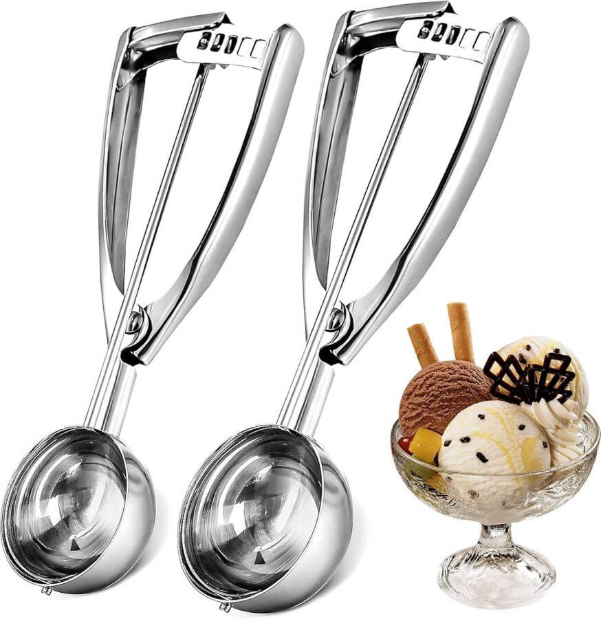 IJslepel portioneerder roestvrij staal met trekker 2 stuks ijsschep roestvrij staal 304 cupcake scoop met trekker en comfortabele handgreep voor koekjes meloenbal muffin vleesbal