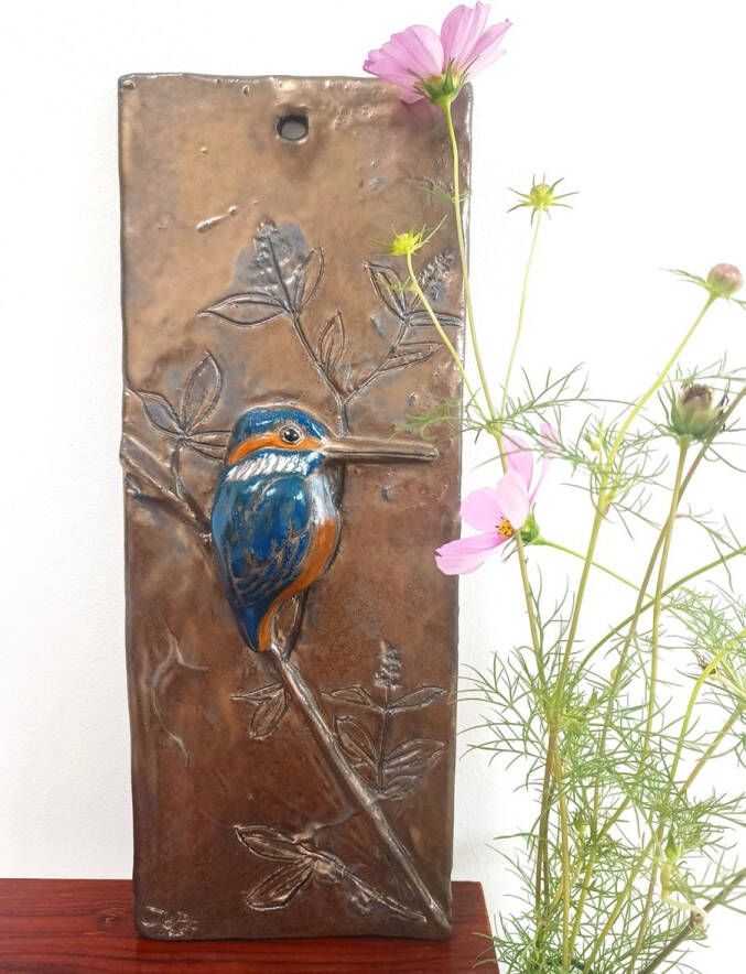 IJsvogel op plaat schilderij textuur 3D Keramiek Brons kleur geschikt voor tuin