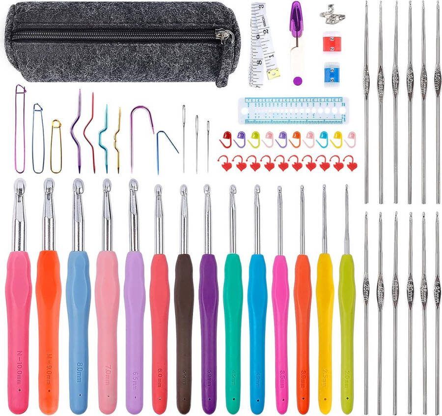 Ilauke Set Van 65 Kleurrijke Ergonomische Haaknaalden 12 Metalen Haaknaalden+14 Aluminium Haakwerk(0 6mm-10mm) met Breinaalden Accessoires Draagbare Tas voor Gehaakte Kits voor Beginners Volwassenen