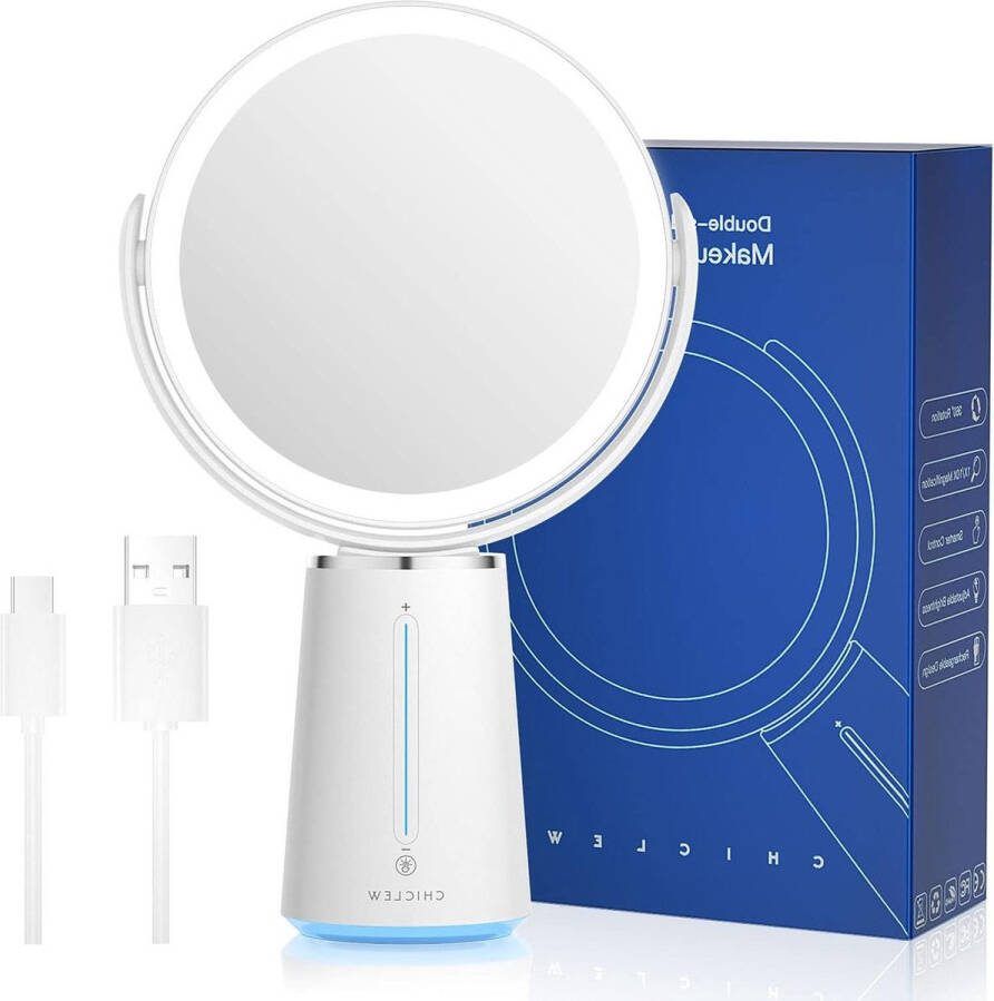 Illuminated Magnification Mirror 10x 1x Double-Sided LED Table Mirror 360° Rotatable USB Rechargeable Makeup Mirror with Light Smart Touch Slider