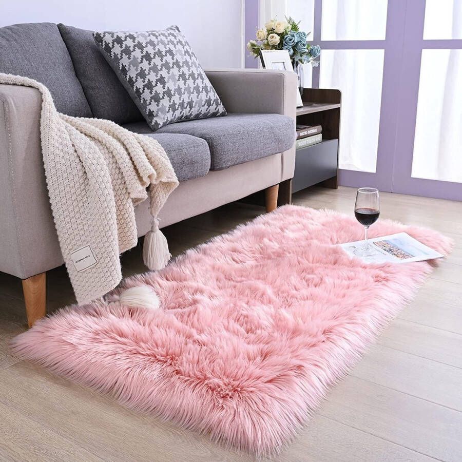 Imitatie lamsvacht schapenvacht tapijt kunstbont decoratief lamsvel imitatie langhaar vacht wol voor het bed of de bank (50 x 150 cm roze)