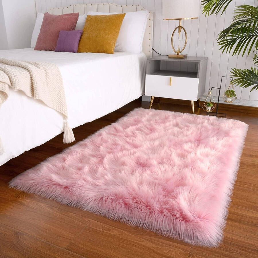 Imitatie lamsvacht schapenvacht tapijt Kunstbont in super light imitatievacht tapijt voor slaapkamer vloer woonkamer woondecoratie tapijt voor bed of bank (roze 60 x 90 cm)