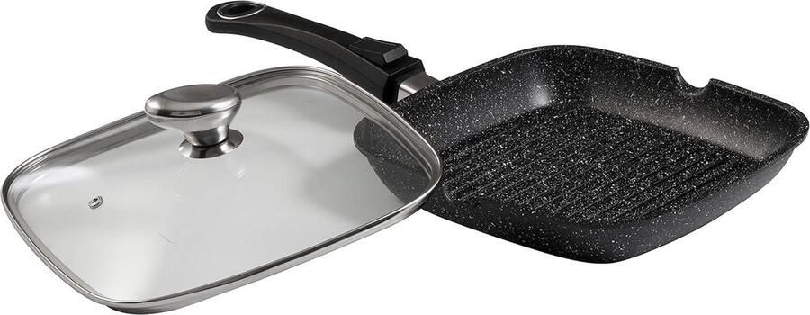 Imitatiesteen grillpan met glazen deksel 24 x 24 cm krasbestendige coating