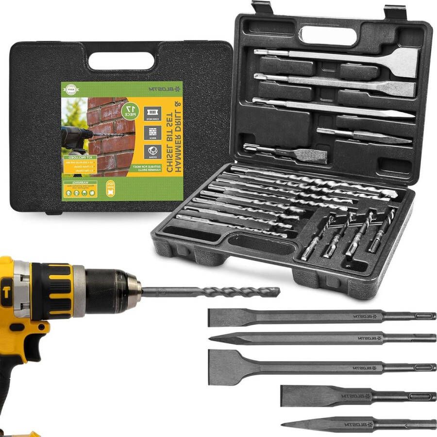 Impact SDS Beitel Bits & Hamer Boor Set 17-delige SDS Plus Boor Set met Compacte Opbergkoffer Voor Beton Tegel Baksteen & Meer
