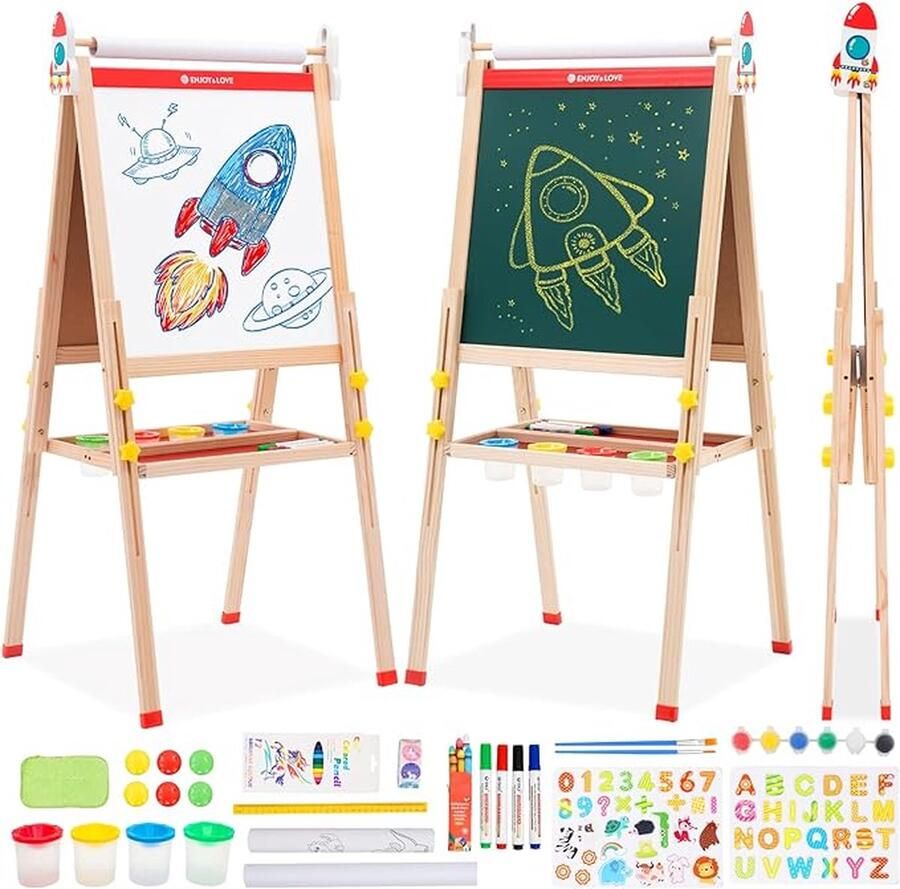In 1 kinderezel in hoogte verstelbaar kinderspeelbord van hout opvouwbare dubbelzijdige kunstezel voor kinderen met krijtbord whiteboard papierrol kinderbord voor 3-16 jaar