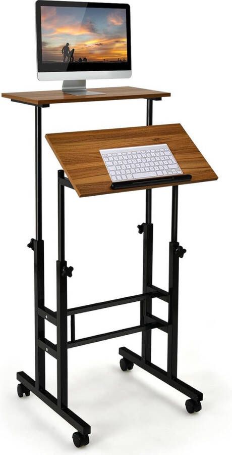 In hoogte verstelbaar zit-staand bureau op wieltjes mobiel staand bureau met 2-traps computerwerkplaats laptoptafel staand bureau werkstation voor thuis en op kantoor (bruin)