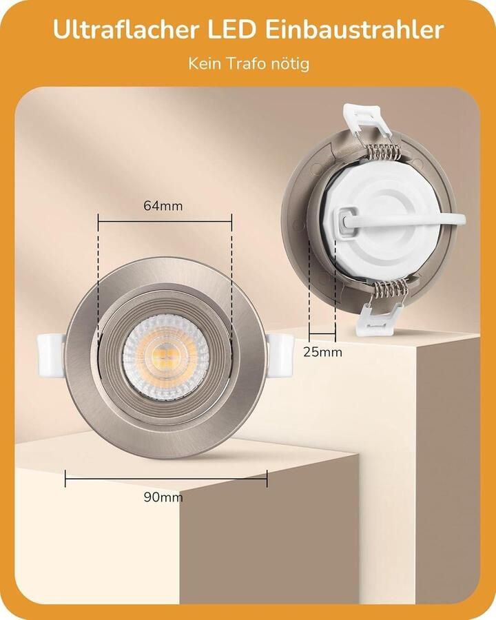Inbouw LED Spot 3000K Warm Wit 400 Lumen Dimbaar- Platte Inbouwspot Set van 10 5W 230V Ronde Kantelbare Inbouw Plafondlamp IP20 Ø68 mm Opening Nikkel
