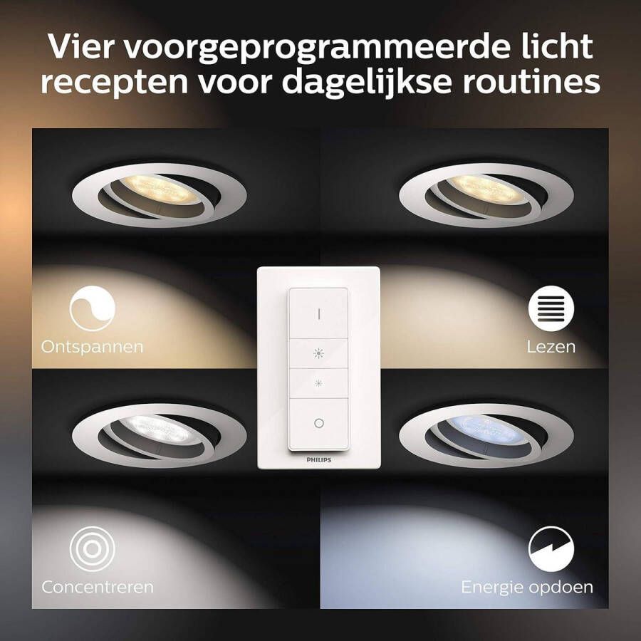 Inbouwspot Basis Set Milliskin Duurzame LED Verlichting Warm tot Koelwit Licht Incl. dimmer switch Dimbaar Verbind met Hue Bridge Rond Wit