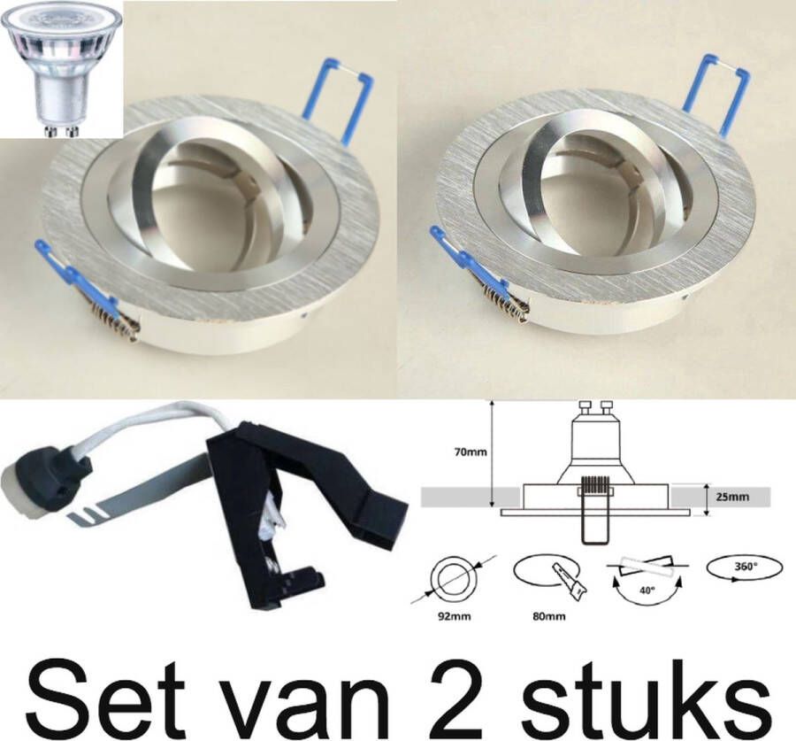 Daanslightshop Inbouwspot Led 220Volt kantelbaar. Merk Norton. Rond. Kleur mat chroom. LED lamp Philips CorePro LEDspot 5W. Cool wit. Lichtkleur 840. 4000K. IP20. Dimbaar. GU10 fitting. 365 Lm. 230V. Boormaat 71-76mm. Buitenmaat 82mm. Set van 5 stuk(s).