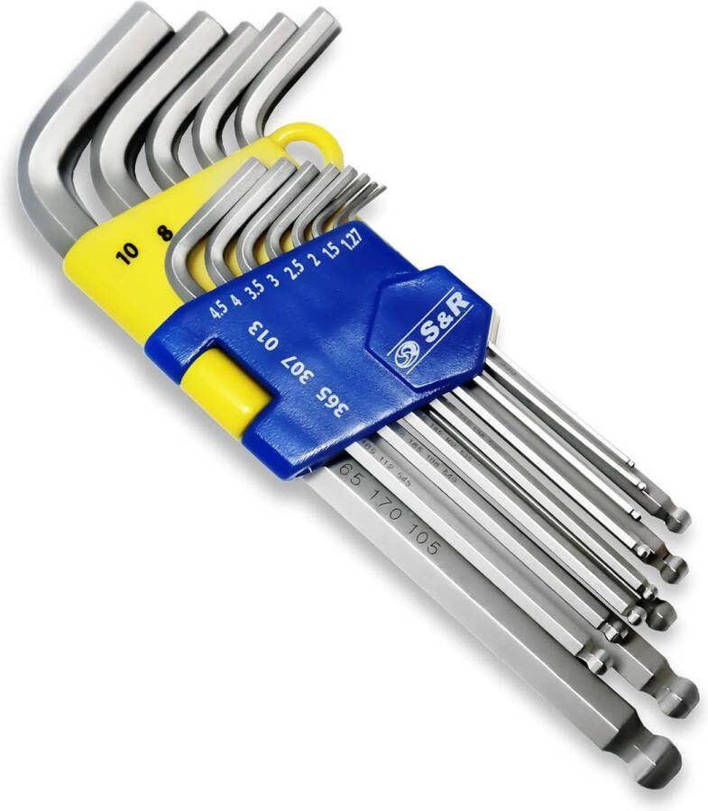 Inbussleutel set met kogelkop 9-delig 12-delig lang met clip Zeskant inbussleutel met kogelkop 13-teilig lang zilver blauw geel