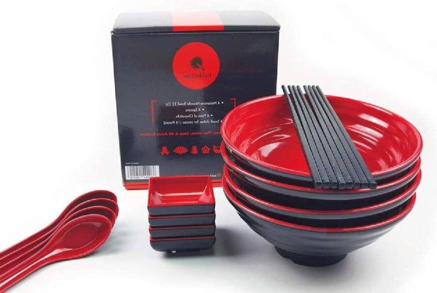 Inclusief Melamine Ramen Kommen Eetstokjes Lepels en Klein Gerecht Voor Saus Ideaal Voor Aziatische Noedelsoep Rood 4