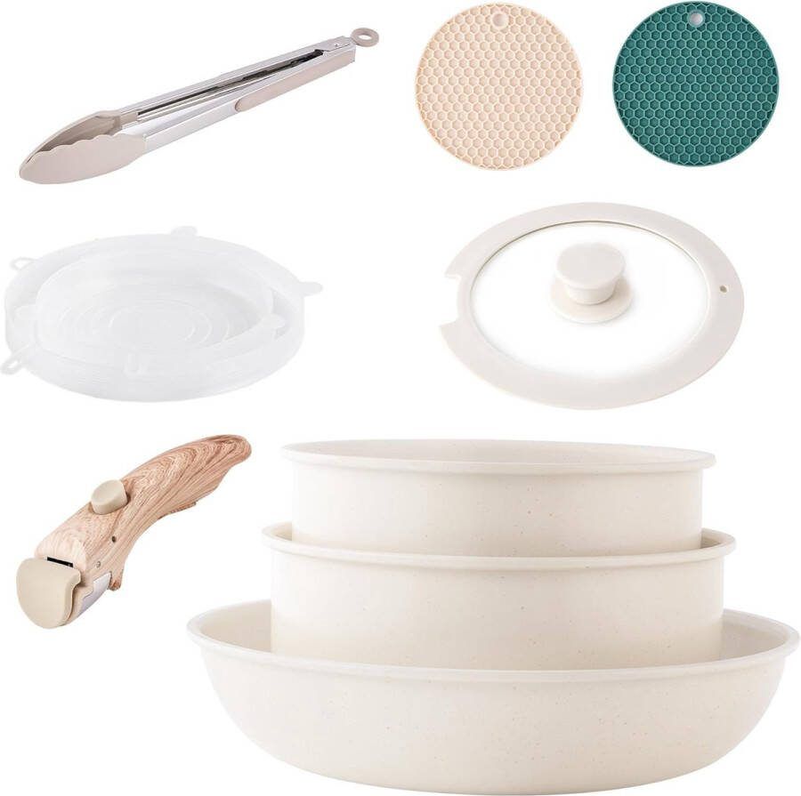 Inductie pannen en pannen set met afneembare handgrepen stapelbare antiaanbaklaag graniet kookgerei set met deksels ruimtebesparend kookgerei set braadpan casseroles