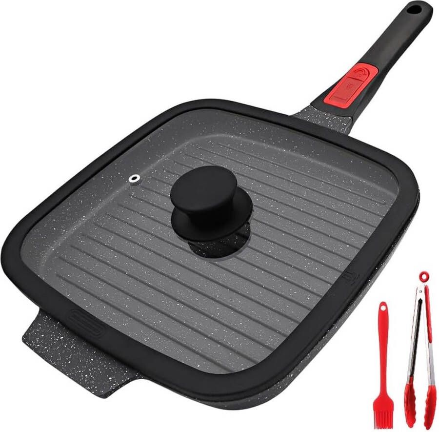 Inductiegrillpan met afneembaar handvat 24 cm steakpan met deksel aluminium grillpan met antiaanbaklaag alle soorten kachels zwart