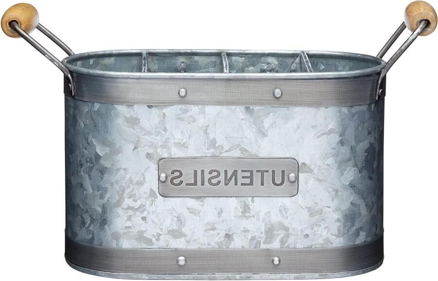 Industrial Kitchen Bestekhouder Keukengerei opbergrek Kookgereihouder 27.5 x 11 x 17 Centimeter Verzinkt Staal Mangohout Grijs en Bruin ophangrek keukengerei