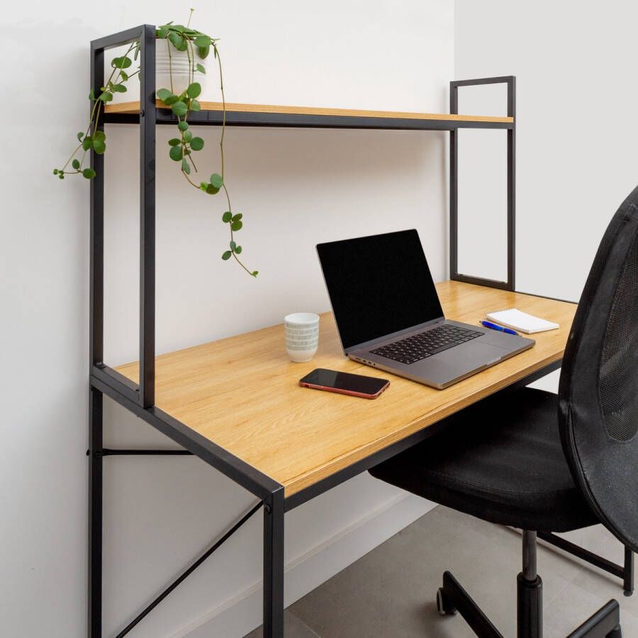 Industrieel bureau met plank – Stalen frame met houten bureaublad – Stevige laptoptafel – B120xD60xH140 cm- Zwart Naturel