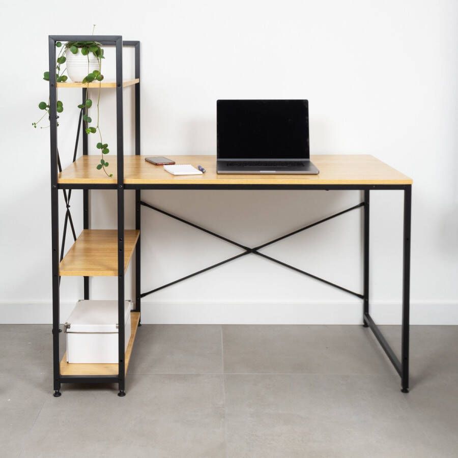 Industrieel bureau met planken – Stalen frame met houten bureaublad – Stevige laptoptafel – Bureau 120x64x72 cm – Kast 140x64 cm Zwart Naturel