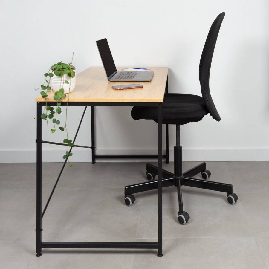 Industrieel bureau – Stalen frame met houten bureaublad – Stevige laptoptafel – 120x60x72 cm Zwart Naturel