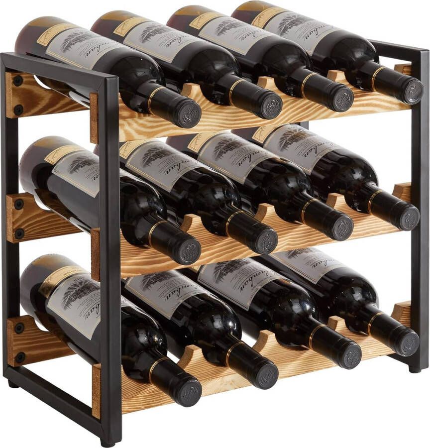 Industrieel wijnrek stapelbaar flessenrek met metalen frame 3 lagen van 12 flessen houten flessenhouder drankenrek voor keuken bar eetkamer woonkamer vintage bruin