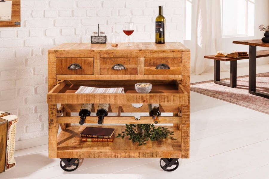 Industriële barkast BODEGA 86 cm mangohouten trolley met wijnrek